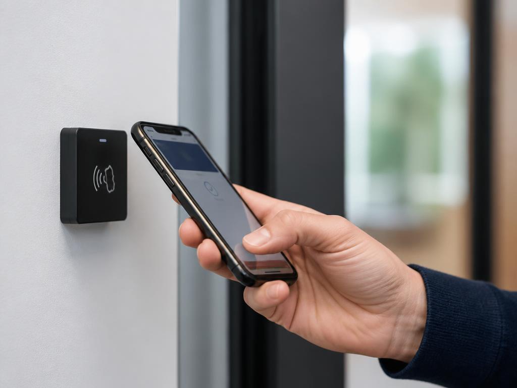Employee tapping a phone on a Cerqa NFC tag by the door